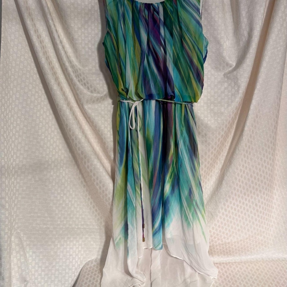 Sandra Darren Women's High Low Purple, Green, and White Dress Size 8 EUC